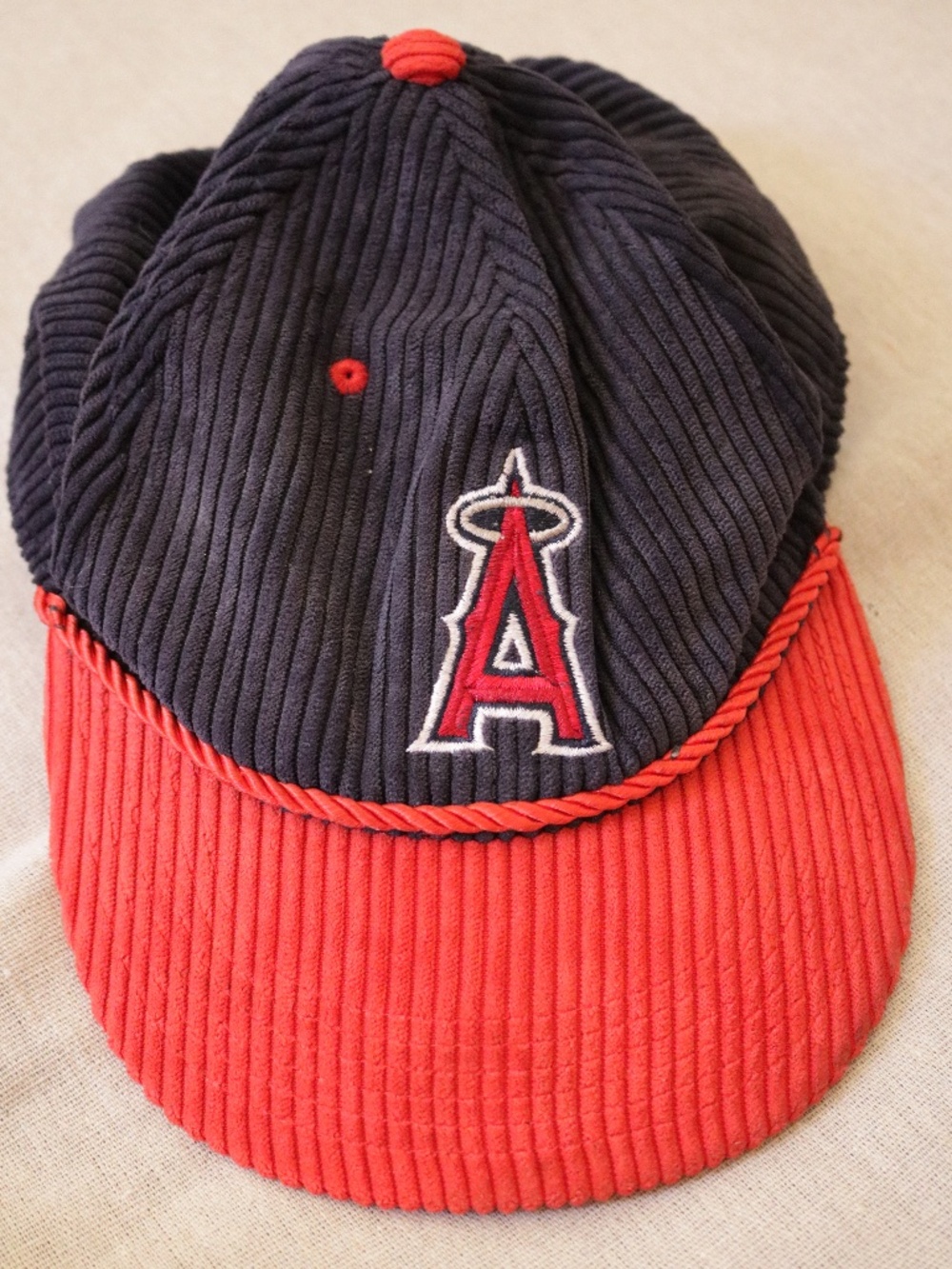 LA Angels Corduroy Baseball Snapback Hat Farmer John Sixth Man Promo Red Navy